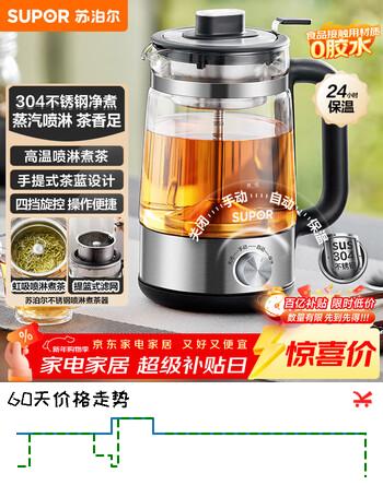 苏泊尔（SUPOR）养生壶蒸汽喷淋复古煮茶器煮茶壶泡茶烧水壶办公家用电热水壶保温玻璃花茶壶304不锈钢SW-10C05