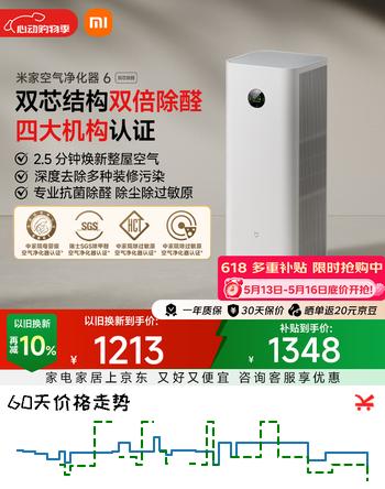 米家【缓解花粉过敏】小米空气净化器6双芯除醛家用除甲醛除菌除味除过敏原认证 京东自营