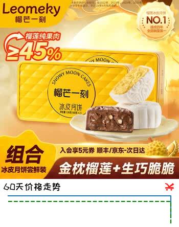 【6折】榴芒一刻 榴莲冰皮月饼芒果生巧广式流心月饼水果味中秋送礼高档礼盒 【尝鲜】榴莲 生巧冰皮68g2枚2盒https://u.jd.com/U1cLwCk----普遍有货 | 下1件最优到手单价：183 -> 【118.8】