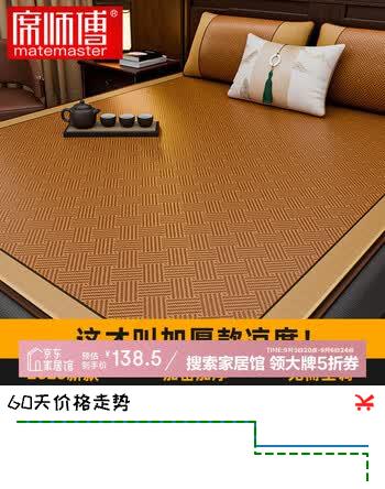【5折】席师傅凉席1.8x2米藤席夏季家用空调席子三件套席子【可折叠】https://u.jd.com/xOaYjOu----普遍有货 | 下1件最优到手单价：246.53 -> 【138.5】