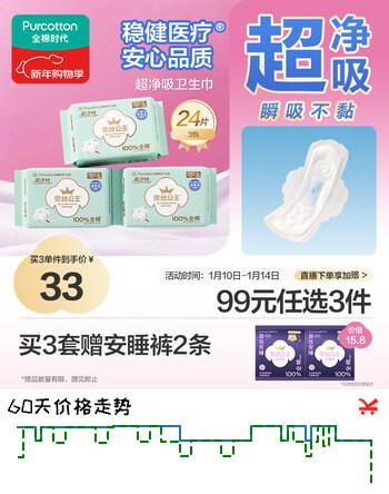 全棉时代奈丝公主消毒级超净吸纯棉日夜用卫生巾3包（290*24p）京东自营