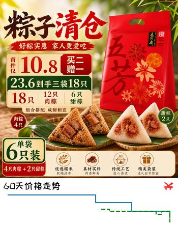 【7折】五芳斋 粽子礼盒 嘉兴特产粽子端午节送礼 蛋黄肉粽豆沙白糯香菇笋肉粽 760克真空五芳风味粽袋装436https://u.jd.com/xgtBucd----普遍有货 | 下1件最优到手单价：14.47 -> 【10.7】