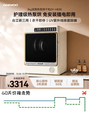 大宇（DAEWOO）家用全自动滚筒热泵烘干机3KG迷你小型婴幼儿童衣物大容量干衣机DY-HB30