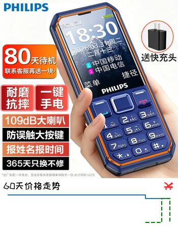 【9折】飞利浦（PHILIPS）E6510A 老年人手机4G全网通超长待机大电池大屏大声大字老人智能直板按键三防学生专功能机 海军蓝https://u.jd.com/krLNduj----普遍有货 | 下1件最优到手单价：39.8 -> 【39】