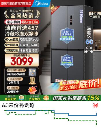 美的（Midea）457十字双开四开门多门冰箱60cm纯平全嵌底部散热大容量一级双变频风冷无霜MR-457WUSPZE焕新补贴