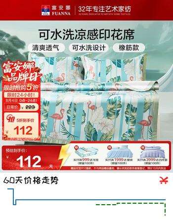 【5折】富安娜冰丝席可水洗凉感印花双人可折叠冰丝席三件套 1.8米×2米https://u.jd.com/UOr6lLj----普遍有货 | 下1件最优到手单价：187.85 -> 【111.5】