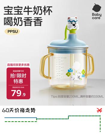 【5折】babycare儿童牛奶杯1-3岁-6岁宝宝喝奶瓶PPSU直饮泡奶吸管水杯-满杯330mlhttps://u.jd.com/UglQ2Yq----多半有货 | 下1件最优到手单价：67.15 -> 【39.1】
