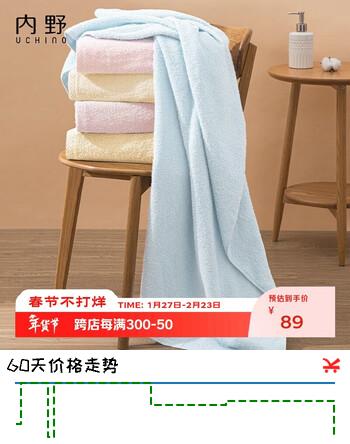 内野（UCHINO）简约素色锻边纯棉浴巾舒适男女家用洗澡大毛巾蓝色