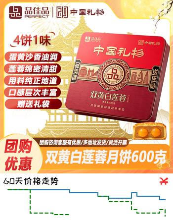 【6折】品佳品广式双蛋黄白莲蓉月饼礼盒600g中秋老字号送礼团购金腿五仁员工 品佳品双蛋黄白莲蓉月饼礼盒600ghttps://u.jd.com/xg7eEAd----普遍有货 | 下1件最优到手单价：29.8 -> 【19.8】