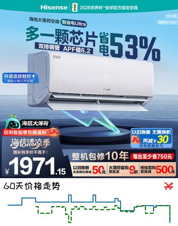 【9折】海信（Hisense）大薄荷空调智省电Ultra世界杯定制空调AI省电大风量新一级变频冷暖空调挂机 35A330UPro双排纯铜管 智省电  大1.5匹https://u.jd.com/Ur5xAHN----普遍有货 | 下1件最优到手单价：2169 -> 【1970.59】