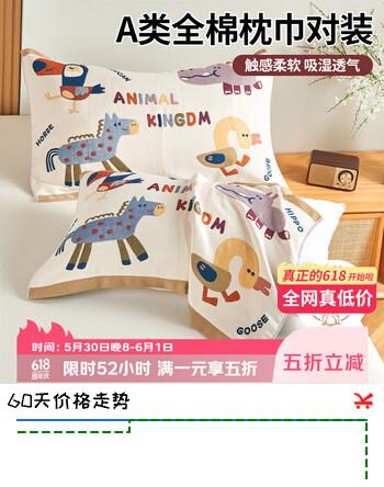 艾薇 A类全棉四层纱布枕巾纯棉枕头巾防脱落一对枕套52*78cm 动物王国