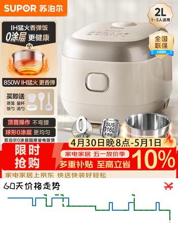 苏泊尔（SUPOR）小电饭煲1-2人用2升0涂层IH加热家用煮饭煲汤煮粥一锅多用不锈钢智能预约小型迷你电饭锅20HC1953