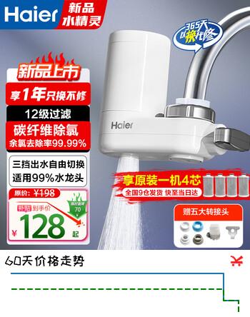 海尔（Haier）净水器水龙头过滤器家用直滤饮用水自来水滤水器前置过滤器厨房卫生间用除余氯三挡出水可清洗滤芯 月光白 一机4芯