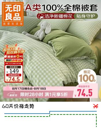 【5折】无印良品A类全棉被套单件100%纯棉被罩被套200230cm绿小格https://u.jd.com/kgihpEP----普遍有货 | 下1件最优到手单价：124.56 -> 【74.5】