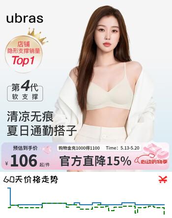 ubras情人节【虞书欣同款】夹心软支撑小胸聚拢无痕内衣女文胸罩 【明星同款】燕麦奶色 M  75A/75B