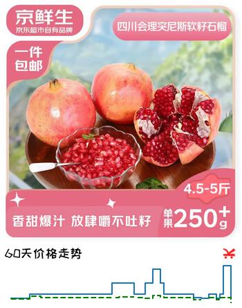【2折】京鲜生突尼斯软籽甜石榴4.5-5斤装 单果250g  时令水果 源头直发包邮https://u.jd.com/4auBOw1----多半有货 | 下6件最优到手单价：14.2 -> 【3.9】