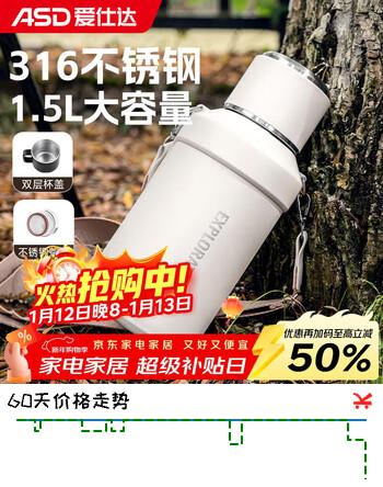 爱仕达（ASD）保温壶316不锈钢1.5L保温瓶车载杯保温水壶户外旅行壶暖水瓶白色