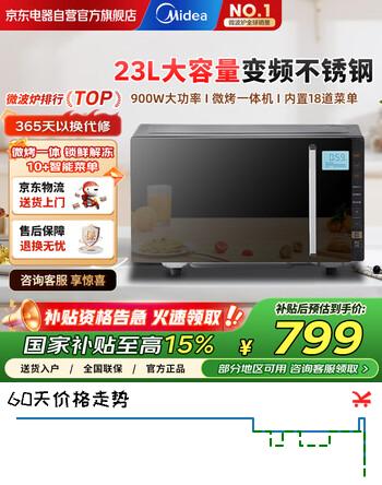 美的（Midea）微波炉烤箱一体机不锈钢内胆光波炉一级能效变频节能900W大功率23L平板式大容量PC23M8