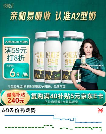 悦鲜活鲜牛奶 A2β-酪蛋白 260ml*4瓶/组 巴氏杀菌乳 低温鲜奶