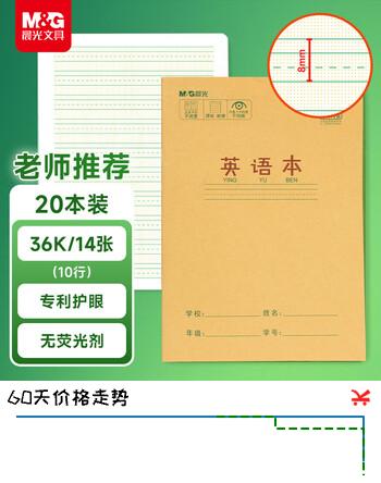 【5折】晨光（M&G）文具36K英语本 10行小学生作业本子抄书练习本英文本四线格读书笔记本20本装K36185E开学必备https://u.jd.com/kGNZpG1----普遍有货 | 下3件最优到手单价：9.81 -> 【5.56】
