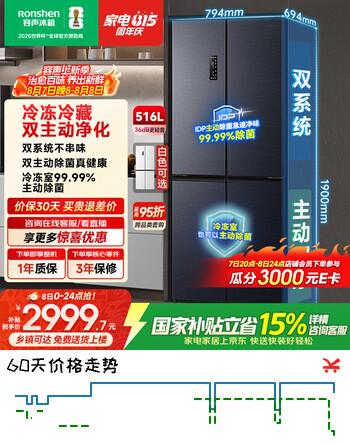 【9折】容声双净516L十字门冰箱双系统双循环一级能效风冷无霜变频以旧换新大容量国家补贴BCD-516WD1FPA灰https://u.jd.com/UrZtCeB----部分有货 | 下1件最优到手单价：2868.95 -> 【2587.06】