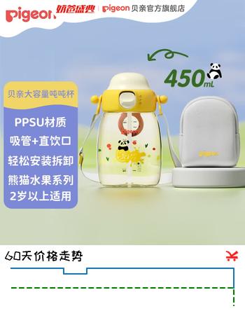 【7折】贝亲儿童水杯 吨吨杯 宝宝吸管杯 PPSU直饮 运动水杯学生水杯2岁以上 450ml双饮含背带--熊猫爱水果https://u.jd.com/UaJtoq9----普遍有货 | 下1件最优到手单价：129.03 -> 【99】