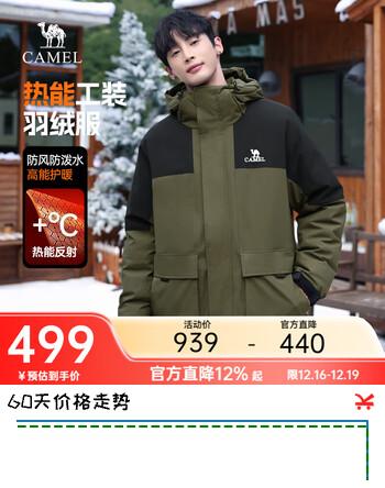 骆驼蛟龙羽绒服Pro热能工装羽绒服男士潮流鸭绒加厚保暖户外休闲外套 深榄绿/幻影黑 男女同款 M