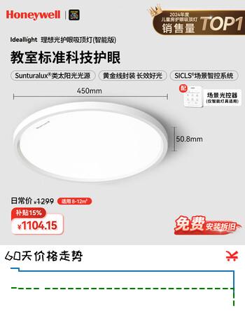 霍尼韦尔（Honeywell）【一价全包】卧室灯护眼吸顶灯儿童房学习灯智能版全光谱灯02BPro