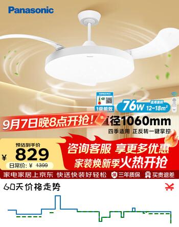 【7折】松下（Panasonic）风扇灯全光谱吊扇灯76瓦照明42寸 一级能效空调搭档电风扇https://u.jd.com/xgqWXBY----普遍有货 | 下4件最优到手单价：769 -> 【594.27】