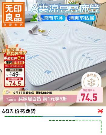 【5折】无印良品A类夏季凉感冰豆豆床笠1.82米 冰丝床套罩全包席梦思床垫保护套https://u.jd.com/4aIooQe----普遍有货 | 下1件最优到手单价：131.15 -> 【74.5】