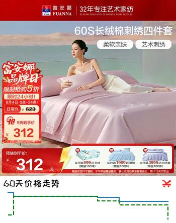 【5折】富安娜床上四件套 60S长绒棉刺绣套件 100%纯棉床单被套 单双人 203229cm山色https://u.jd.com/UgraBz7----普遍有货 | 下1件最优到手单价：559.8 -> 【311.5】
