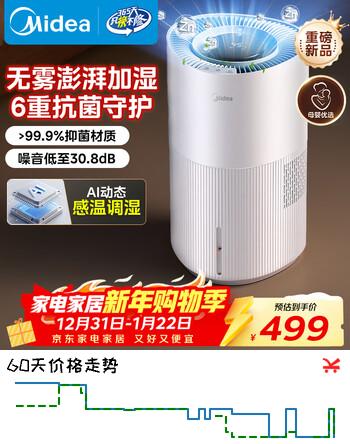 美的（Midea）小蓝鲸700无雾空气加湿器家用卧室大容量客厅孕妇母婴幼儿鼻炎静音抗菌空调取暖新年礼物SZ-W50