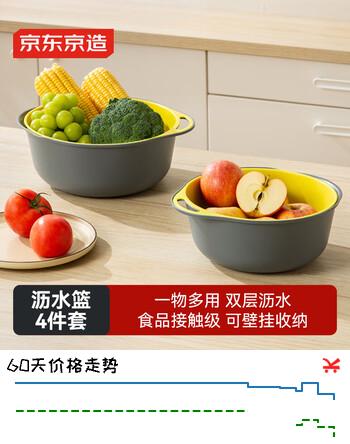 京东京造 洗菜盆 沥水篮 双层洗菜篮 洗菜神器淘米篮水果篮  （4件套）