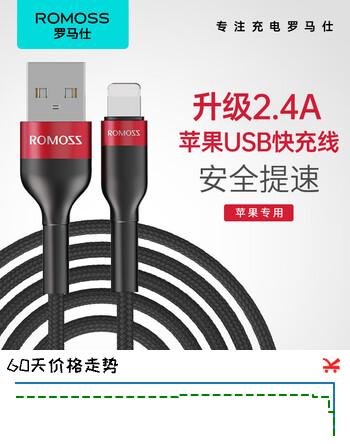 罗马仕(ROMOSS)苹果数据线 2.4A快充 编织耐用 车载应急 适用iPhone141312 红黑色 0.3米 防断抗拉扯 车载应急补电