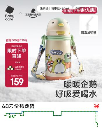 babycare儿童保温杯婴幼儿学饮宝宝吸管杯316L不锈钢保温杯幼儿园保温水壶 赠直通吸嘴- 背带款浅嗬绿450ml