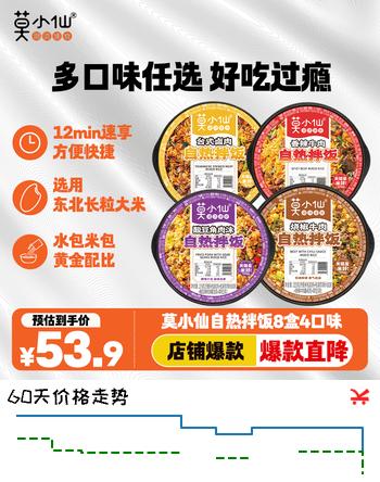 【7折】莫小仙8盒装自热米饭1680g 拌饭整箱装方便速食宵夜出游露营野餐https://u.jd.com/UOOXivj----普遍有货 | 下1件最优到手单价：48.4 -> 【33.9】