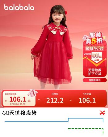 巴拉巴拉女童新中式针织连衣裙2025春装红色网纱公主拜年裙子208125111006