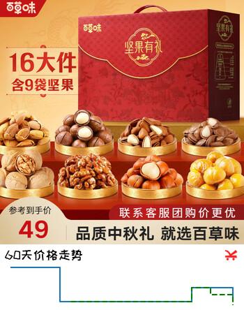 【8折】百草味中秋礼盒零食大礼包含坚果中秋节送礼商务礼品团购 【高性价比】海棠嘉韵1788g礼盒松子夏威夷果巴旦木https://u.jd.com/k6bfGXj----普遍有货 | 下2件最优到手单价：48.9 -> 【44】
