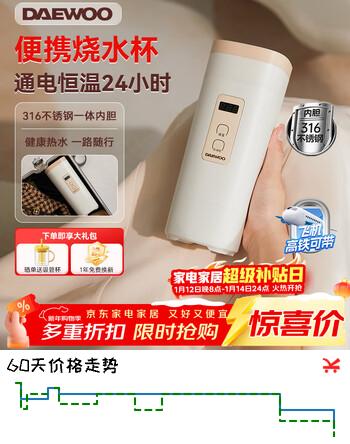大宇（DAEWOO）便携式烧水壶烧水杯 316不锈钢 旅行电热水壶加热水杯 婴儿恒温 旅游保温杯D9 450ml 