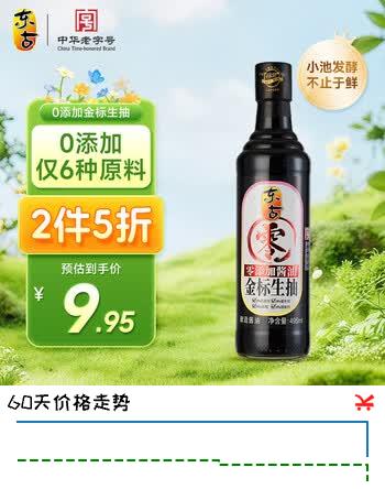 【6折】东古 零添加酱油495ml【0添加 特级金标生抽】不加味精不加防腐剂https://u.jd.com/9OkwJ4U----普遍有货 | 下2件最优到手单价：9.95 -> 【5.99】