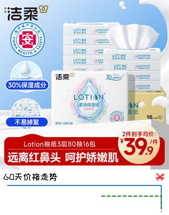 【6折】洁柔乳霜纸 Lotion3层80抽16包 保湿抽纸 婴儿卫生纸巾 云柔巾整箱https://u.jd.com/krm6ID5----普遍有货 | 下2件最优到手单价：39.8 -> 【24.9】