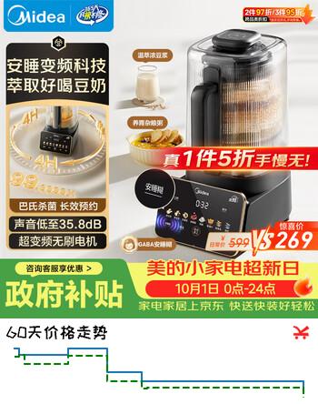 【8折】美的（Midea）安睡系列破壁机 1.3L家用变频自清洗降噪豆浆机 巴氏杀菌多功能杂粮糊米糊料理机 国家补贴FC11https://u.jd.com/4gXTSXx----普遍有货 | 下19件最优到手单价：284.75 -> 【237.42】