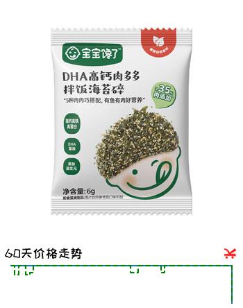 【5折】宝宝馋了DHA高钙肉多多拌饭海苔碎6g尝鲜装https://u.jd.com/UrCRh6t----普遍有货 | 下1件最优到手单价：8.7 -> 【4.95】