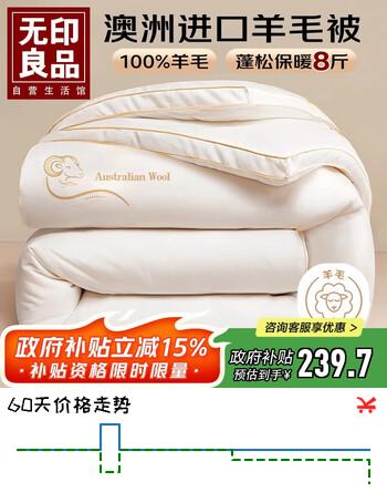 无印良品100%澳洲进口 羊毛被子 秋冬季被芯 8斤 200×230cm 白色