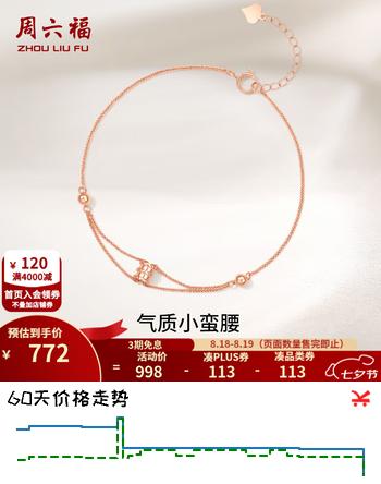 【7折】周六福七夕情人节礼物  红18k金手链女款时髦小蛮腰双链玫瑰金送女生 手链16 3cm 约0.99克https://u.jd.com/kDqfPvF----普遍有货 | 下3件最优到手单价：1414 -> 【1034】