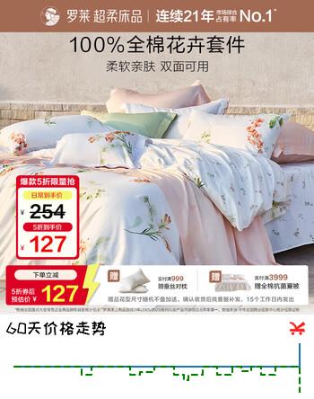 【7折】罗莱家纺 学生宿舍100%纯棉床上四件套花卉全棉被套床单被罩床上用品 白色150215https://u.jd.com/xadC8kE----普遍有货 | 下1件最优到手单价：174 -> 【127】