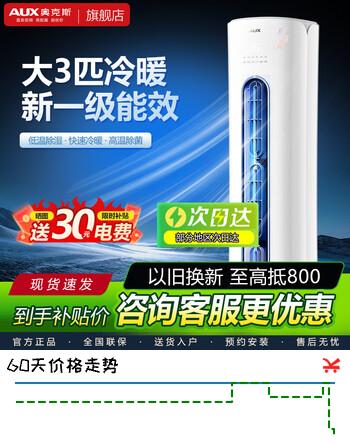 【8折】奥克斯空调3匹新一级立柜式变频冷暖 省电自清洁除菌2匹空调柜机 3匹 一级能效奥精灵https://u.jd.com/41Niw7X----普遍有货 | 下1件最优到手单价：4589.1 -> 【3688】