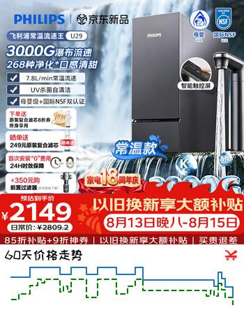 【9折】飞利浦（PHILIPS）净水器流速王U29 3000G鲜活水RO反渗透家用厨房专用台下式直饮过滤净水机一体机AUT9070/93https://u.jd.com/k6t63gX----普遍有货 | 下1件最优到手单价：2351.7 -> 【2142.36】