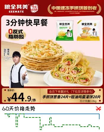 【8折】粮全其美葱香手抓饼 鸡蛋灌饼3.8kg/40片 学生营养早餐半成品饼皮https://u.jd.com/UOGtsGu----普遍有货 | 下4件最优到手单价：32.37 -> 【27.88】
