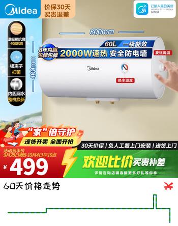 【7折】美的（Midea）电热水器家用大容量储水式即热式热水器圆桶大功率经济节能卫生间家用出租房加长防电墙 60L 2000W 一级能效更省电 出租屋优选https://u.jd.com/41HTOY1----普遍有货 | 下1件最优到手单价：639.2 -> 【499】